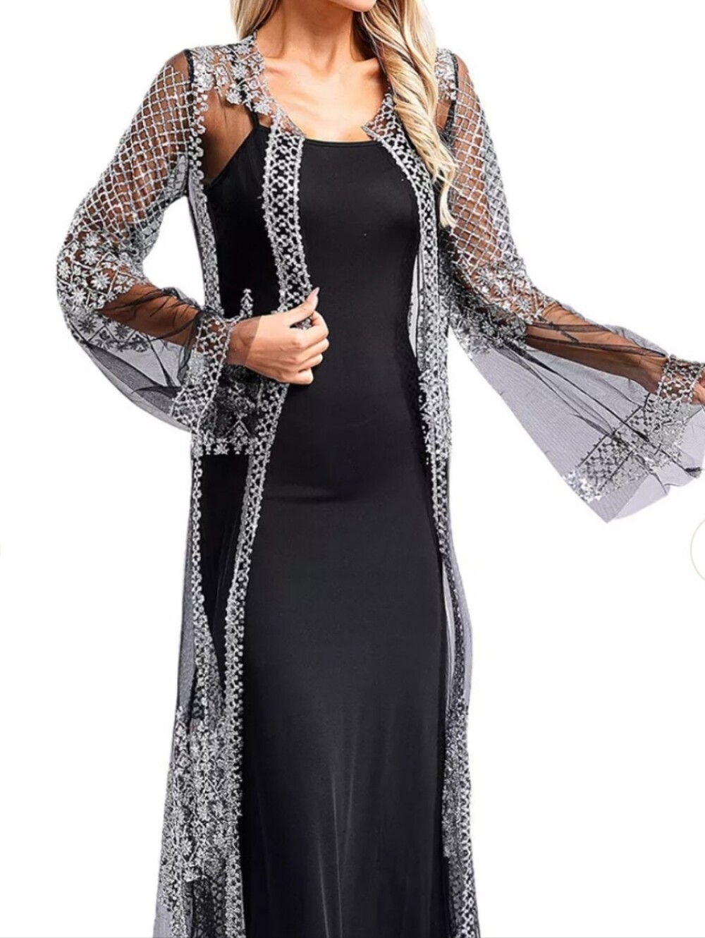 Black Maxi Slip Dress with Sheer Embroidered Overlay